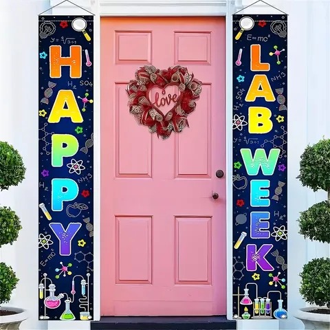 Happy Lab Week Porch Banner Science Lab Chemistry Biology Design Outdoor Hanging Flag Door Sign For School Lab Decoration