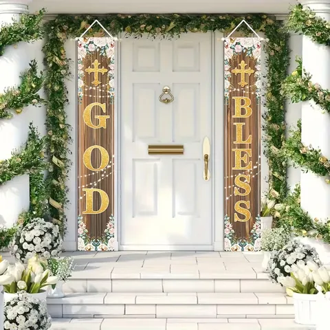 God Bless Porch Banner Religious Baptism Decoration Rustic Wood Floral Hanging Door Sign Outdoor Celebration Banner Set