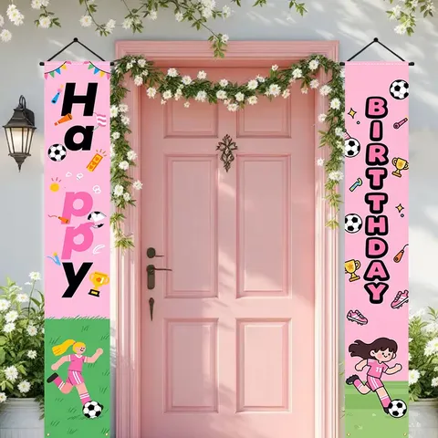 Rosa Fußball Thema Happy Birthday Tür Banner Polyester Sportlich Cartoon Mädchen Party Dekoration Ohrfeige Hängendes Banner Für Kinder