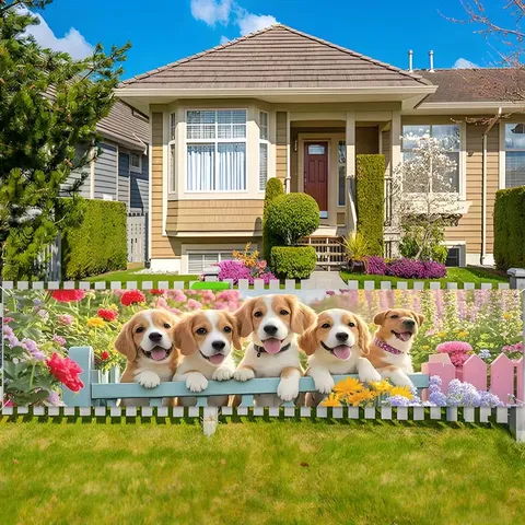 Puppy Garden Banner Spring Outdoor Decoration Floral Dog Flag Courtyard Yard Fence Hanging Backdrop For Pet Lovers Home Decor