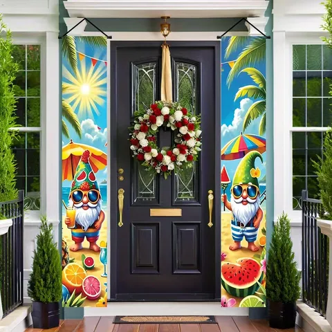 Summer Beach Gnome Door Banner Outdoor Porch Sign Decoration Watermelon Palm Tree Gnomes Vertical Hanging Banners For Home Party