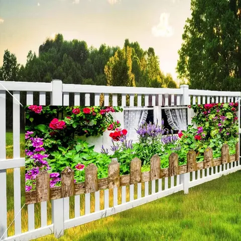 Spring Garden Theme Outdoor Decorative Banner Colorful Floral Fence Pattern Waterproof Polyester Party Atmosphere Backdrop Hanging Flag