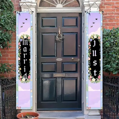 Polyester Just Married Door Banner Set Wedding Decoration Butterfly Floral Print Engagement Party Hanging Couplet Flag