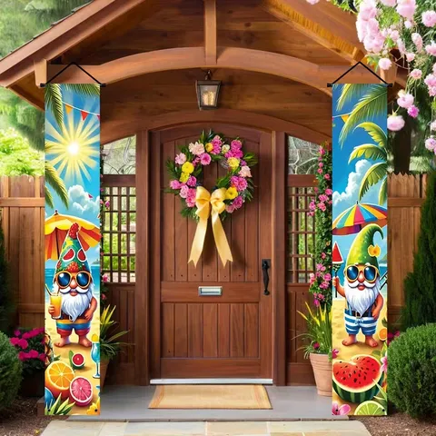 Summer Beach Gnome Door Banner Outdoor Porch Sign Decoration Watermelon Palm Tree Gnomes Vertical Hanging Banners For Home Party
