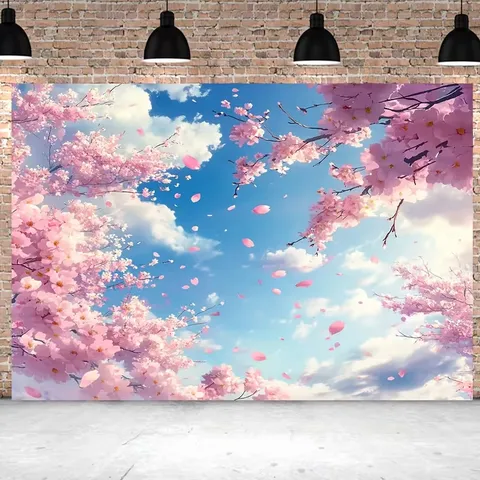 Fond de Photographie de Fleur de Cerisier Rose Ciel Printanier Rêveur Toile de Fond pour Thé Party Portrait Studio Décoration Murale