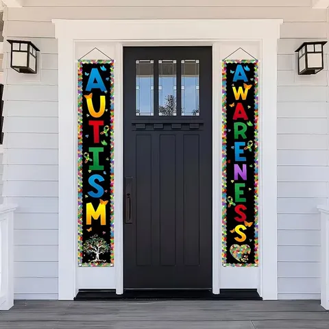 Autism Awareness Month Door Banner Set Colorful Puzzle Pieces Heart Tree Print Home Porch Wall Decoration Polyester Banner