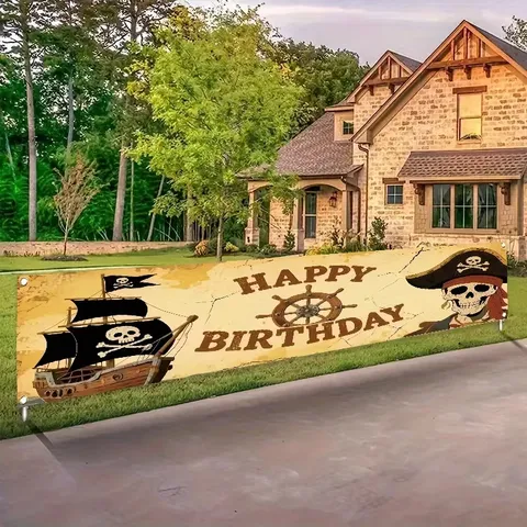 Pirate Theme Birthday Banner Vintage Skull Captain Ship Element Happy Birthday Backdrop For Kids Party Decoration Supplies