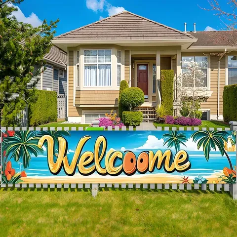 Tropical Beach Welcome Banner Palm Tree Summer Party Decoration Outdoor Yard Garden Backdrop Polyester Printed Welcome Sign