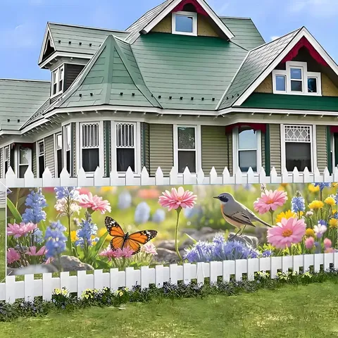 Spring Flower Bird Garden Banner Outdoor Yard Decoration Colorful Floral Print Polyester Pongee Horizontal Fence Banner