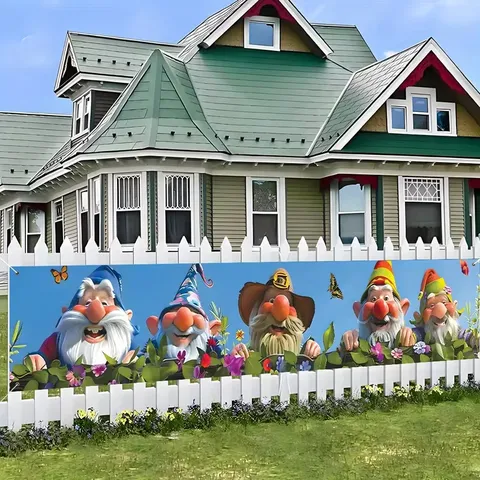 Spring Gnome Garden Banner Outdoor Decoration Butterfly Flower Printed Polyester Pongee Horizontal Yard Sign Decor Party Supplies