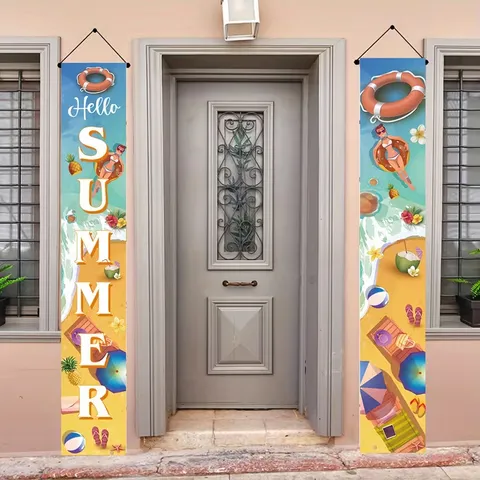 Summer Beach Porch Sign Decorative Banner Hello Summer Digital Printed Polyester Door Couplet For Pool Party Decor