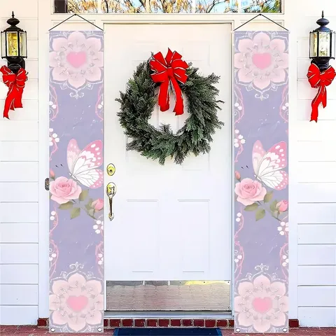 Pink Purple Floral Butterfly Door Couplet Romantic Rose Heart Banner For Home Porch Wedding Party Decoration Hanging Flag