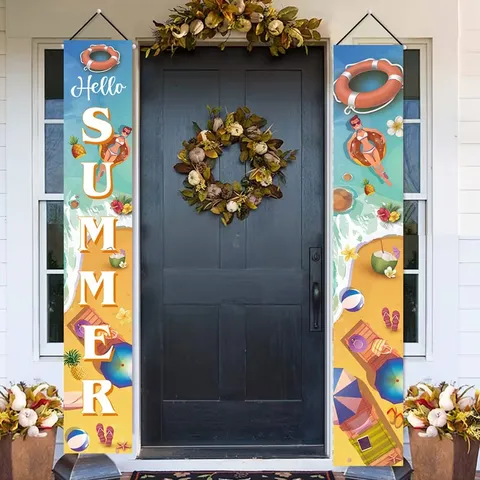 Summer Beach Porch Sign Decorative Banner Hello Summer Digital Printed Polyester Door Couplet For Pool Party Decor