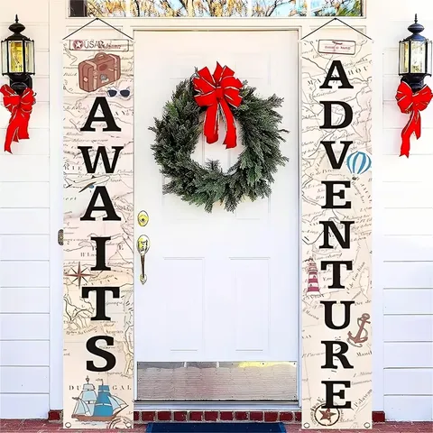 Adventure Travel Theme Door Banner Vintage World Map Hot Air Balloon Porch Sign Couple For Adventure Party Decoration