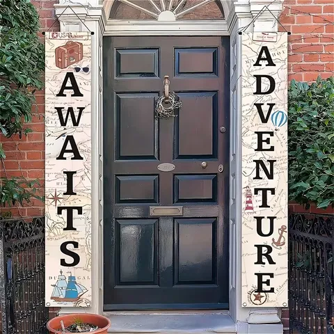 Adventure Travel Theme Door Banner Vintage World Map Hot Air Balloon Porch Sign Couple For Adventure Party Decoration