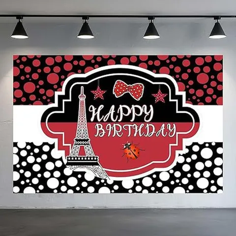 Ladybug Birthday Party Backdrop Eiffel Tower Red Black Polka Dot Photography Background Cloth Polyester Party Decoration