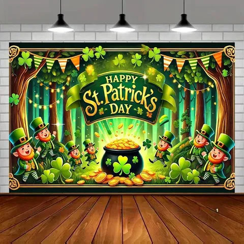 Fondo de Fotografía del Día de San Patricio Leprechaun Trébol de Cuatro Hojas Moneda de Oro Arcoíris Verde Poliéster Decoración de Fiesta Tapiz