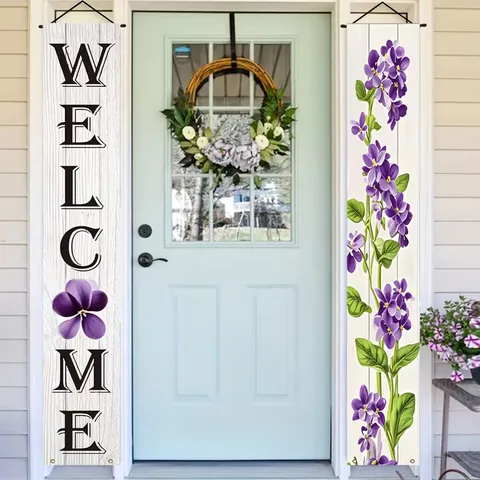Welcome Porch Banner Purple Floral Print Hanging Decorative Sign Vertical Door Couplet For Home Spring Party Decoration