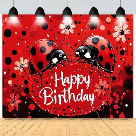Ladybug Birthday Party Backdrop Eiffel Tower Red Black Polka Dot Photography Background Cloth Polyester Party Decoration