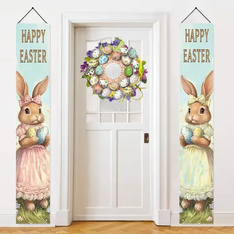 Happy Easter Porch Banner Set Of 2 Polyester Easter Bunny Egg Hanging Flag For Front Door Holiday Home Wall Decor