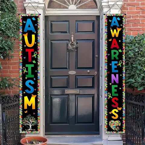 Autism Awareness Porch Sign Decoration 2Pcs Set Colorful Puzzle Piece Heart Print Polyester Hanging Door Banner For Outdoor Home Decor