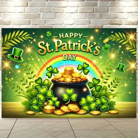 Fondo de Fotografía del Día de San Patricio Leprechaun Trébol de Cuatro Hojas Moneda de Oro Arcoíris Verde Poliéster Decoración de Fiesta Tapiz