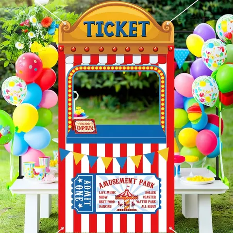 Circus Carnival Ticket Booth Backdrop Cutout Photo Booth Prop Red White Stripes Polyester Party Banner Amusement Park Decoration
