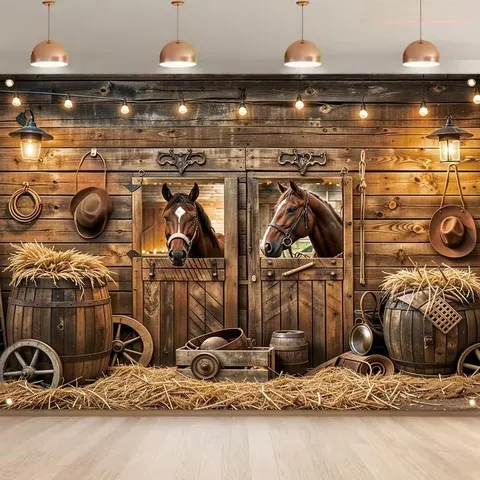 Sfondo Fotografico a Tema Cowboy Western Stalla Retrò Cavallo Decorazione di Compleanno Banner di Sfondo in Tessuto