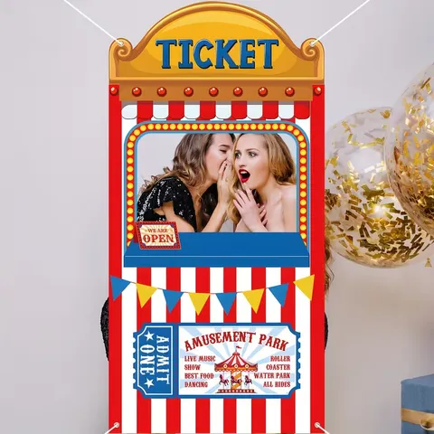 Circus Carnival Ticket Booth Backdrop Cutout Photo Booth Prop Red White Stripes Polyester Party Banner Amusement Park Decoration