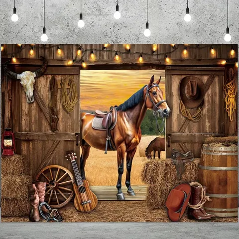 Sfondo Fotografico a Tema Cowboy Western Stalla Retrò Cavallo Decorazione di Compleanno Banner di Sfondo in Tessuto
