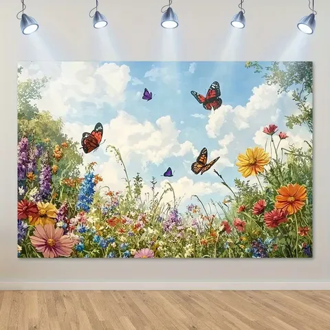 Spring Flower Sea Butterfly Photography Backdrop Polyester Digital Print Garden Party Decoration Background Wall Tapestry