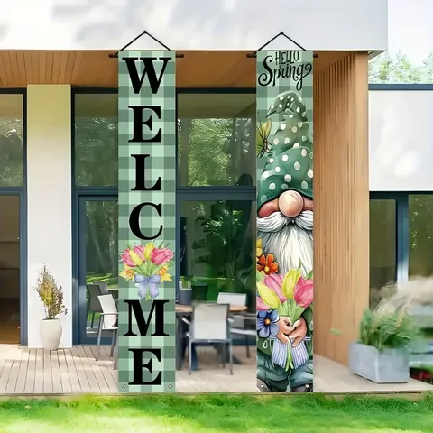 Ensemble de Bannières de Porte Pastorales Printemps Plaid Nain Bienvenue Polyester Imprimé Hello Spring Porch Sign Drapeau Suspendu Vertical pour Décoration de Jardin Maison