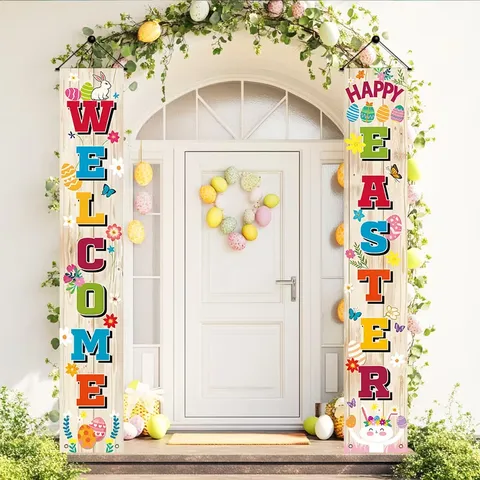 Easter Porch Banners Welcome Happy Easter Rustic Wood Grain Design Bunny Eggs Festive Decorative Polyester Fabric Couplet