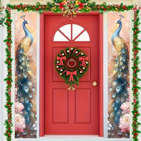 Peacock Peony Print Door Banner Couplet Polyester Home Entrance Decoration Traditional Chinese Floral Hanging Party Decor