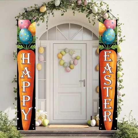 Easter Porch Banner Carrot Theme Outdoor Decoration Happy Easter Welcome Sign For Front Door Party Home Hanging Decor