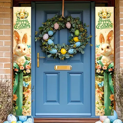 Easter Porch Banner Bunny Flower Basket Happy Easter Lettering Festival Atmosphere Decoration Couplet Door Hanging Banner