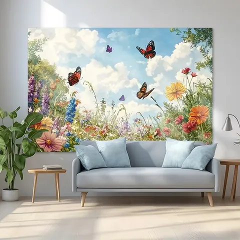Spring Flower Sea Butterfly Photography Backdrop Polyester Digital Print Garden Party Decoration Background Wall Tapestry