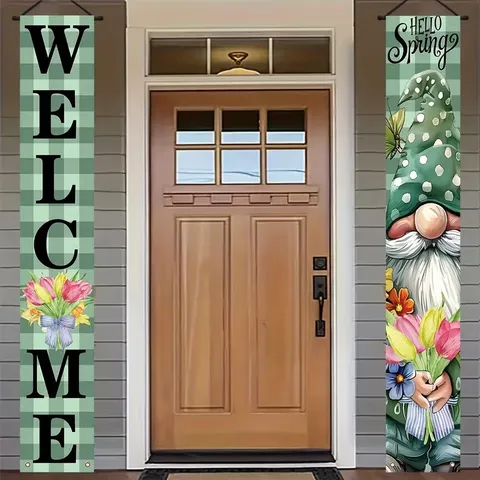 Ensemble de Bannières de Porte Pastorales Printemps Plaid Nain Bienvenue Polyester Imprimé Hello Spring Porch Sign Drapeau Suspendu Vertical pour Décoration de Jardin Maison