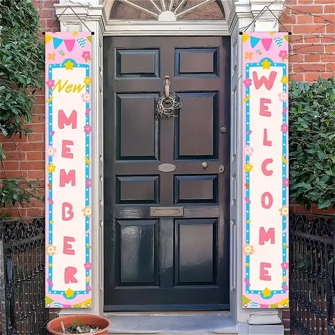 New Member Welcome Baby Shower Banner Door Hanging Couplet For Club Recruitment Party Decoration Polyester Fabric Pink Bunting