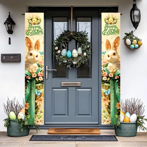 Easter Porch Banner Bunny Flower Basket Happy Easter Lettering Festival Atmosphere Decoration Couplet Door Hanging Banner