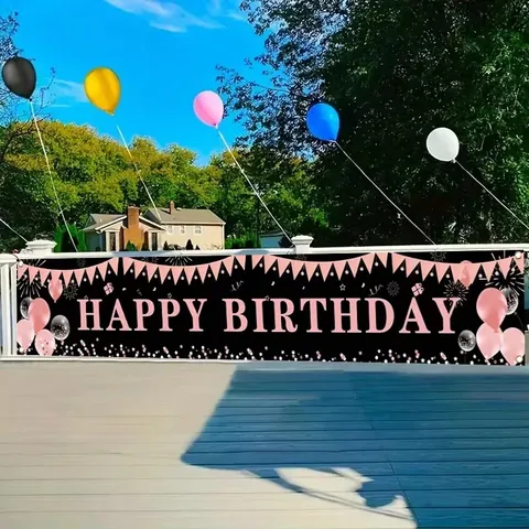 Black Pink Happy Birthday Banner Decoration With Balloons Fireworks Print Polyester Yard Sign For Girls Women Birthday Party Backdrop Decor
