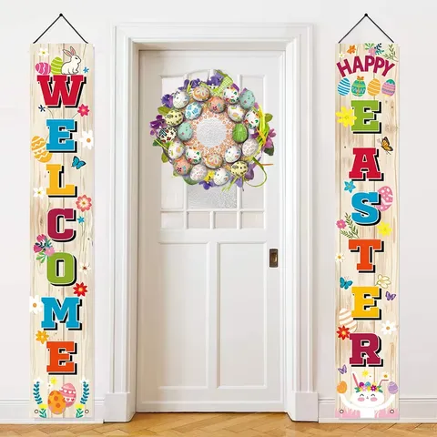 Easter Porch Banners Welcome Happy Easter Rustic Wood Grain Design Bunny Eggs Festive Decorative Polyester Fabric Couplet