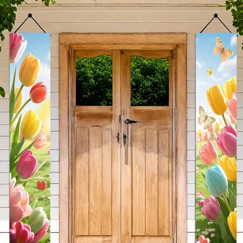 Bannière de Porche Imprimée Tulipe Papillon de Printemps Drapeau Suspendu pour Décoration Extérieure de Jardin de Porte d'Entrée