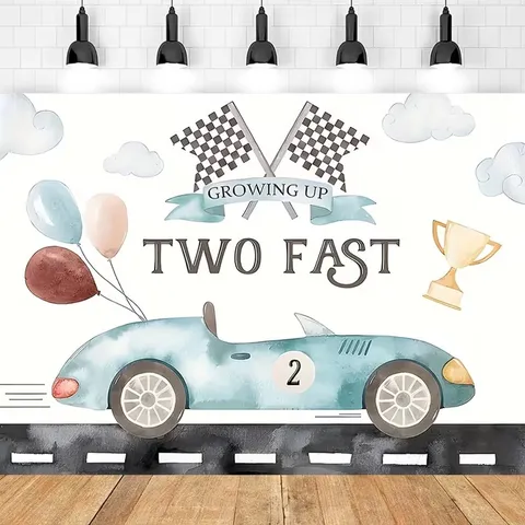 Fondo de Fiesta de Segundo Cumpleaños de Coche de Carreras de Acuarela de Poliéster Paño de Fondo de Fotografía Decoración Colgante