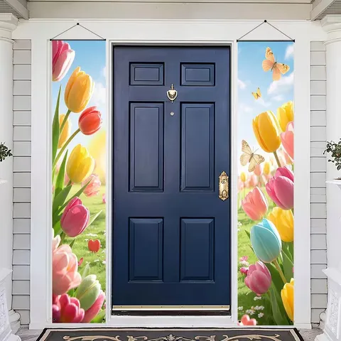 Bannière de Porche Imprimée Tulipe Papillon de Printemps Drapeau Suspendu pour Décoration Extérieure de Jardin de Porte d'Entrée