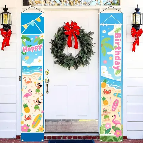 Hawaiian Beach Birthday Door Banner Polyester Hanging Cloth Summer Tropical Party Decoration Flamingo Pineapple Pattern Porch Sign