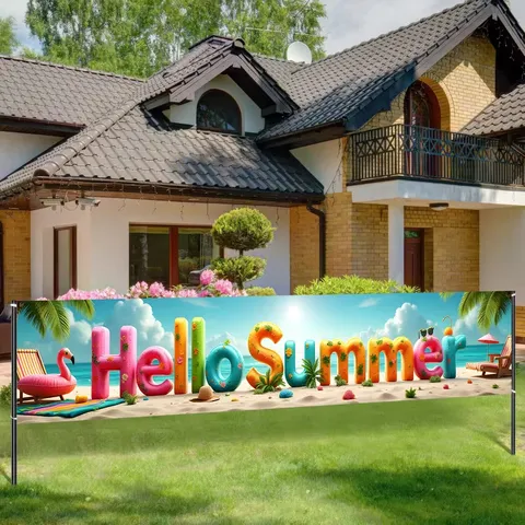 Summer Beach Theme Party Decoration Banner Tropical Palm Tree Flamingo Design Pongee Hanging Sign For Seaside Holiday Yard Decor