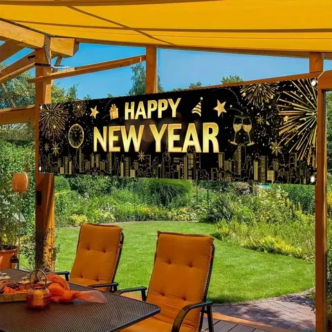 Happy New Year Banner Black Gold Party Decoration Fireworks Clock Element Hanging Backdrop For Outdoor Garden Indoor Festive Event
