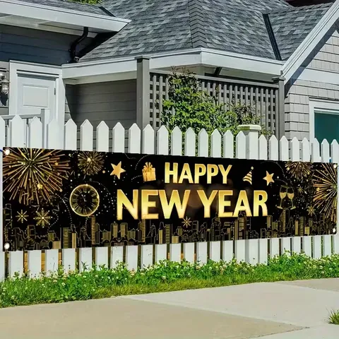 Happy New Year Banner Black Gold Party Decoration Fireworks Clock Element Hanging Backdrop For Outdoor Garden Indoor Festive Event