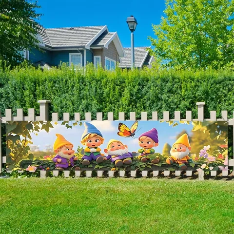 Spring Garden Gnomes Theme Banner Butterfly Floral Printed Outdoor Yard Decor Festive Party Fence Hanging Polyester Banner